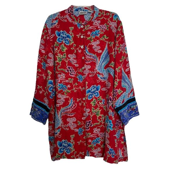 Chico's Silk Asian Art Kimono Top Womens XL 3 Floral Phoenix Red Artsy Lagenlook - Picture 11 of 11